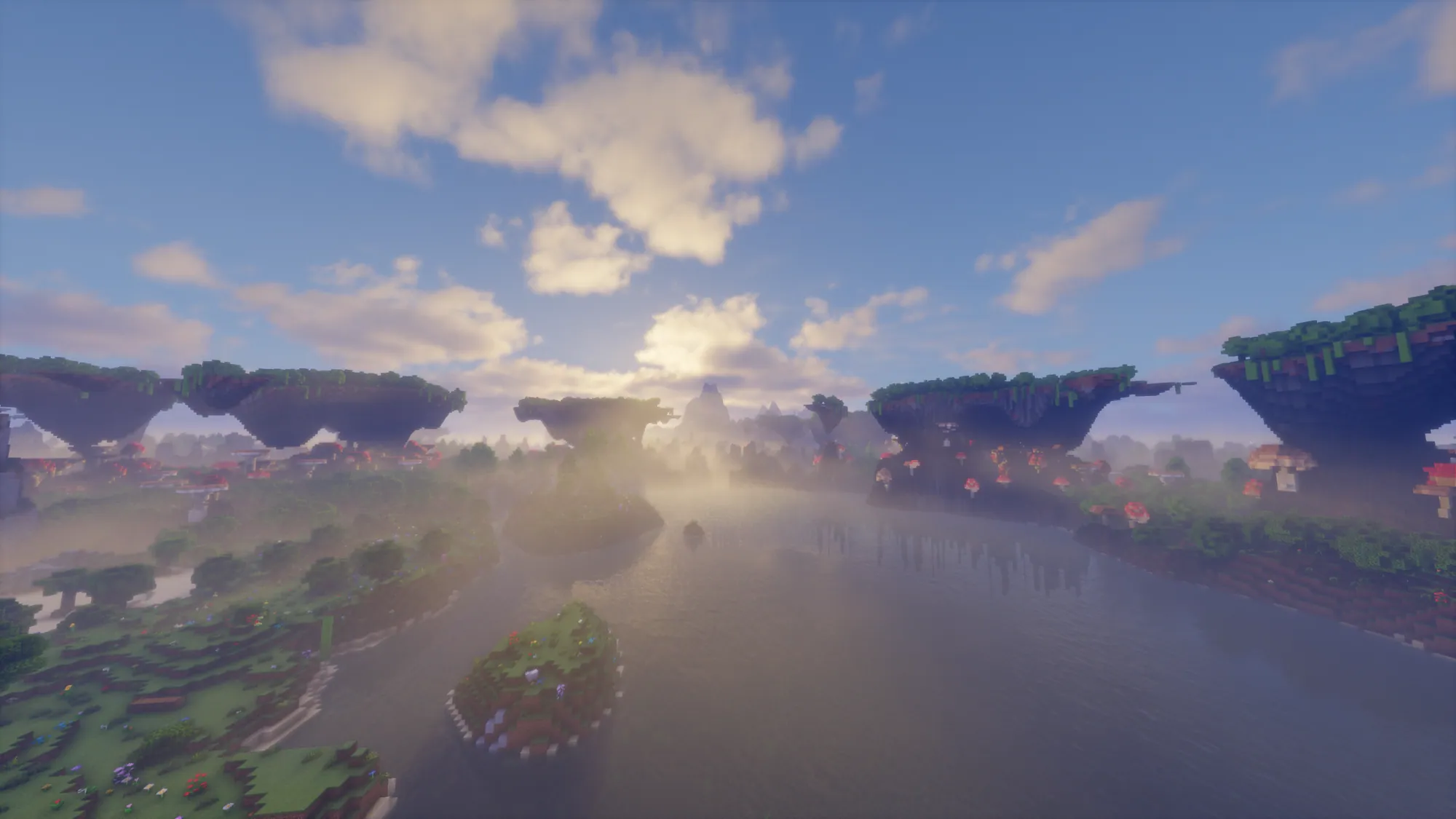 Floating islands over a misty river valley in Aerlon — Craft Attack